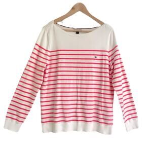 Tommy Hilfigur Striped Boatneck Cotton Blend Sweater Large Pink White Preppy